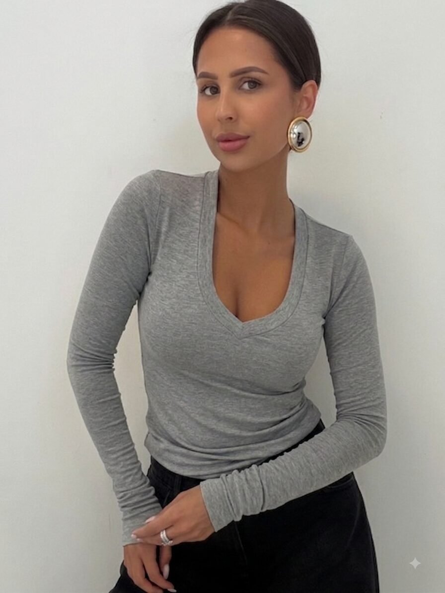 Bluzka w serek z długim rękawem dodatek kaszmiru - Szara EMO - Veretti Boutique