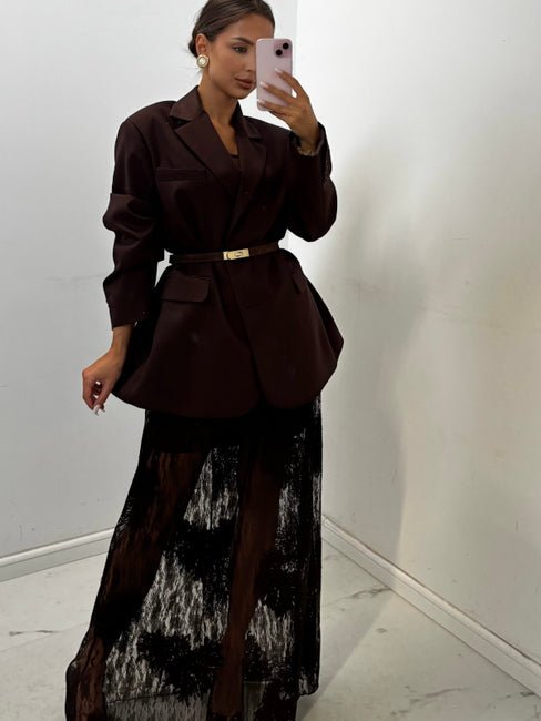 Długa spódnica koronkowa czekoladowa EMO - Veretti Boutique