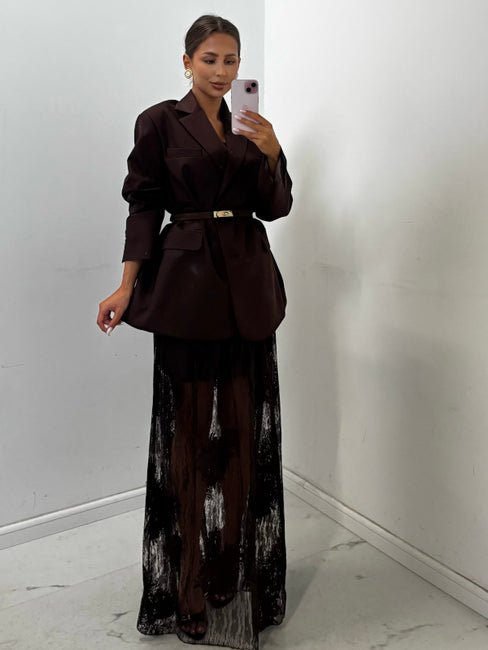 Długa spódnica koronkowa czekoladowa EMO - Veretti Boutique