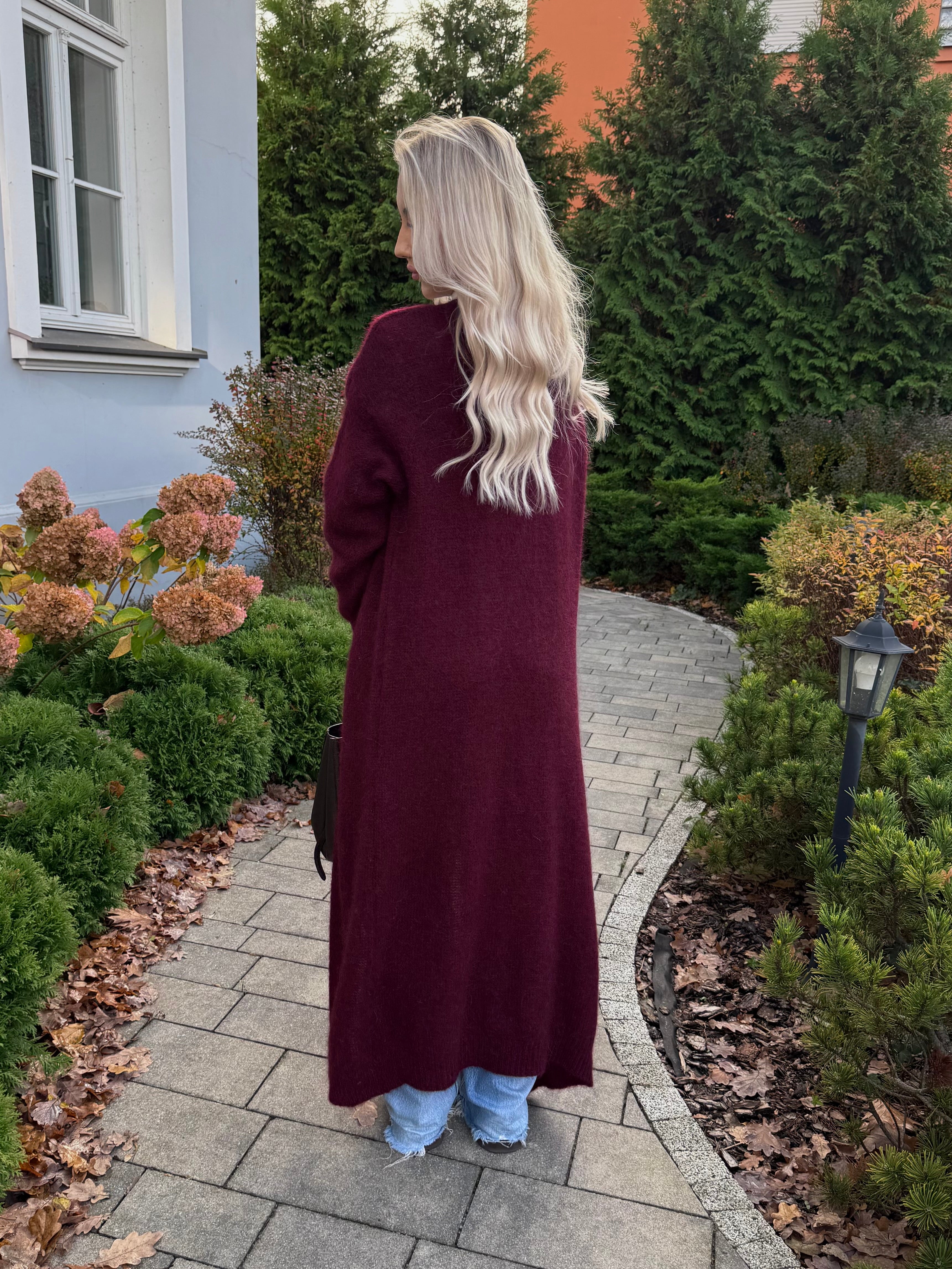 Długi kardigan super kid moher bordowy 40% moher 35% poliamid 25% wełna - Veretti Boutique