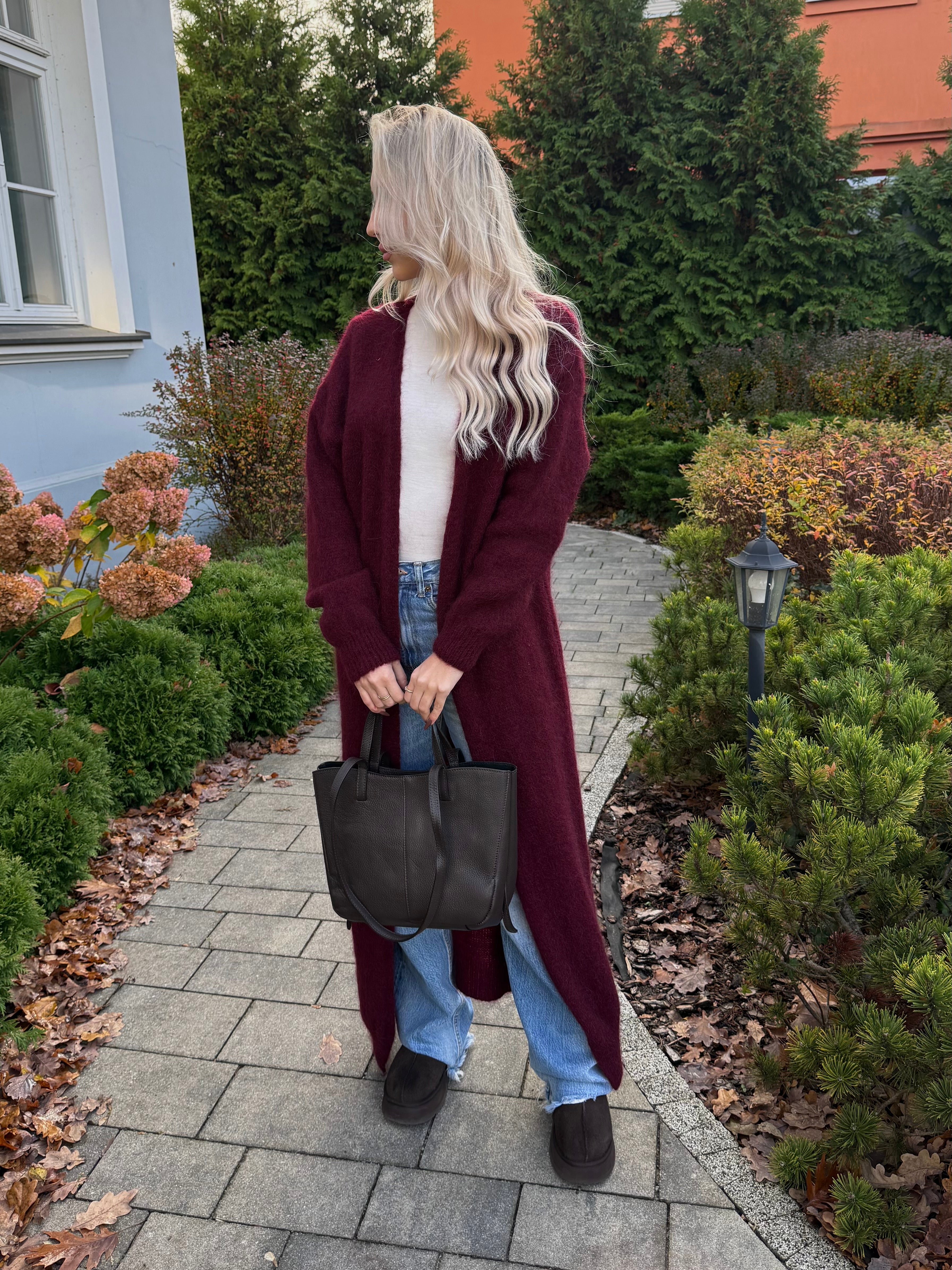 Długi kardigan super kid moher bordowy 40% moher 35% poliamid 25% wełna - Veretti Boutique