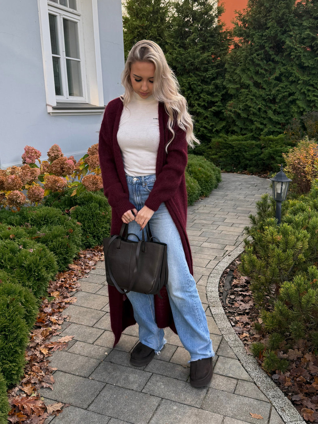 Długi kardigan super kid moher bordowy 40% moher 35% poliamid 25% wełna - Veretti Boutique