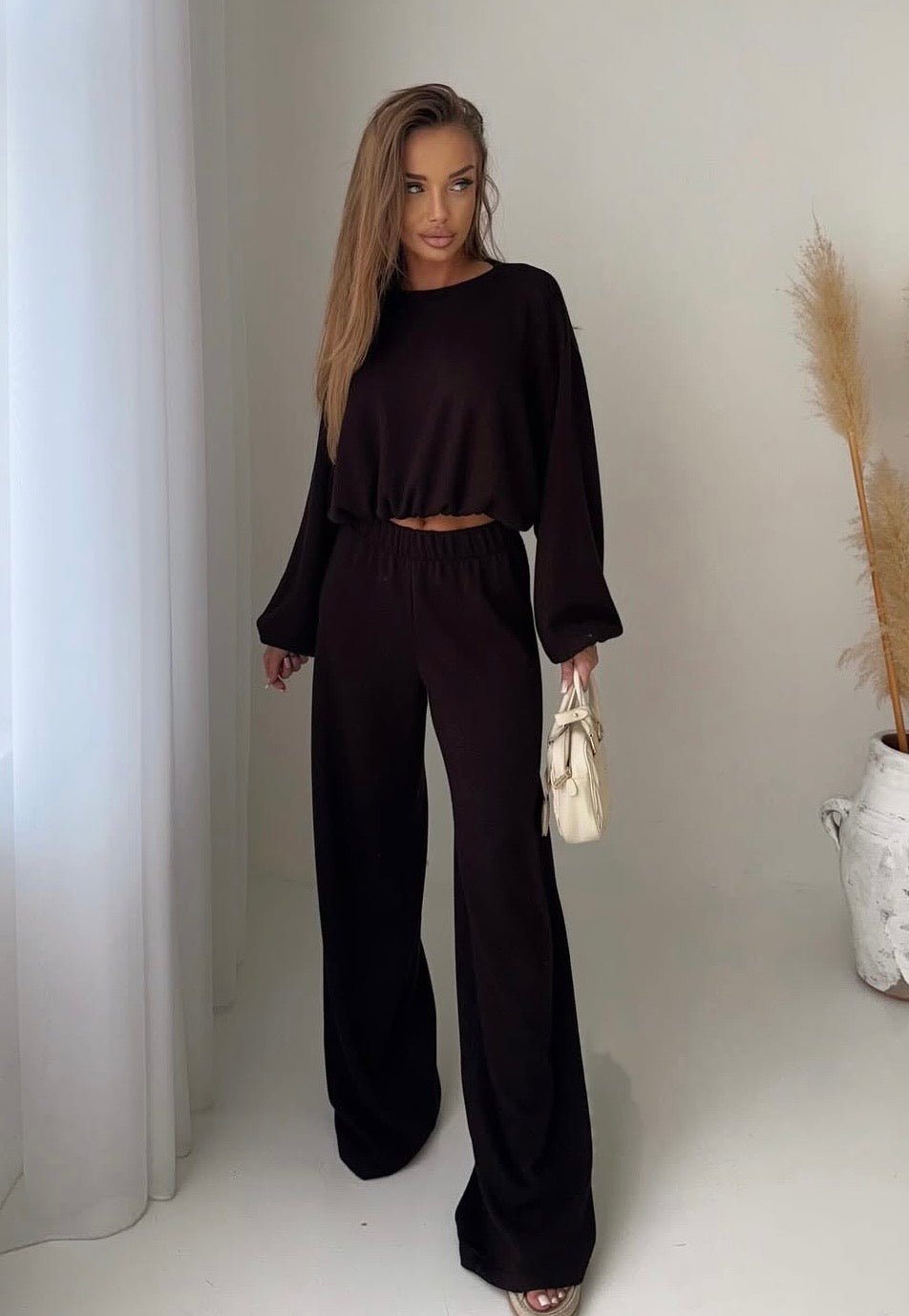 Komplet sweterkowy czekoladowy 50% wełny - Veretti Boutique