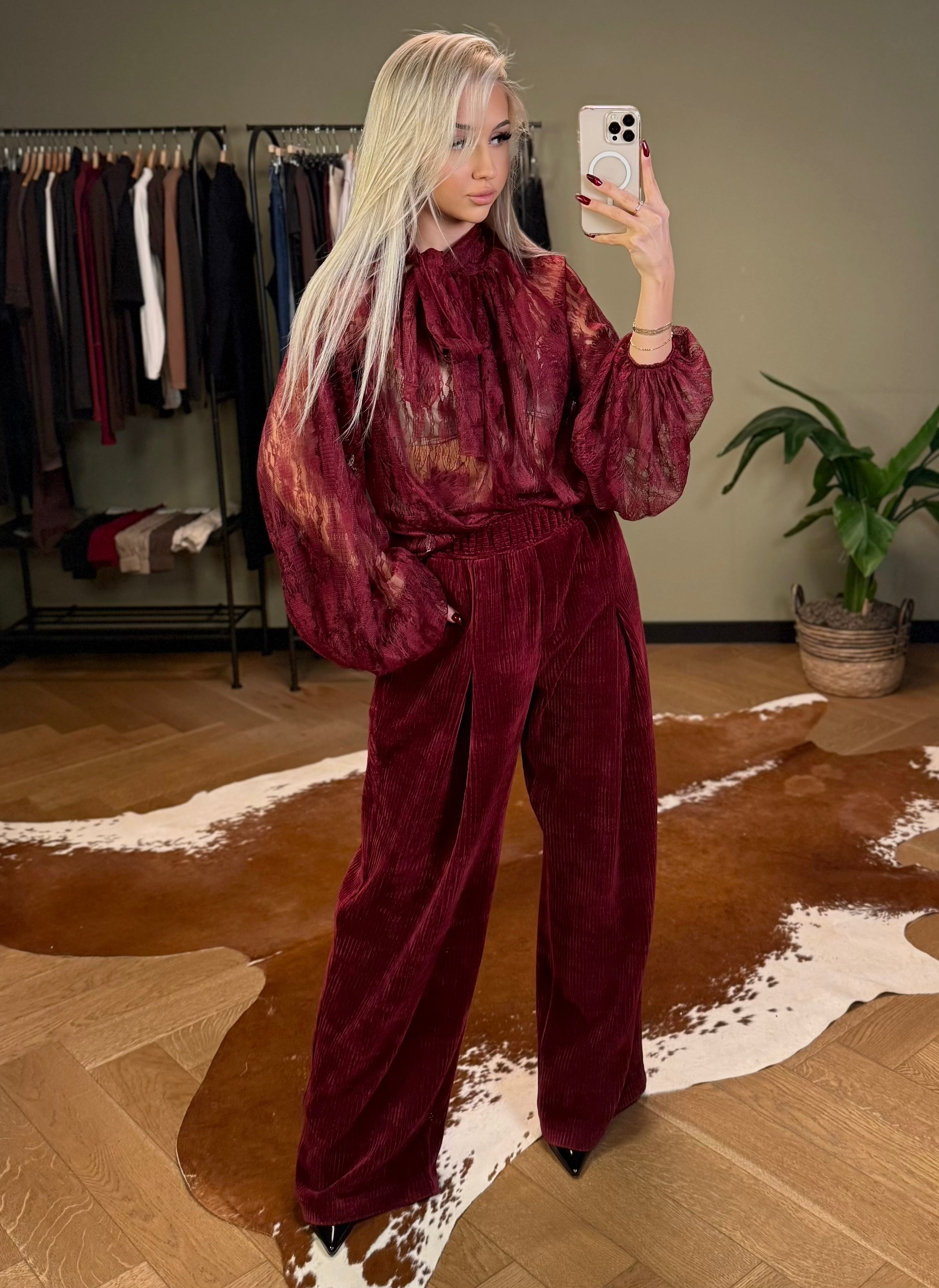 Koszula koronkowa z wiązaniem bordowa EMO - Veretti Boutique