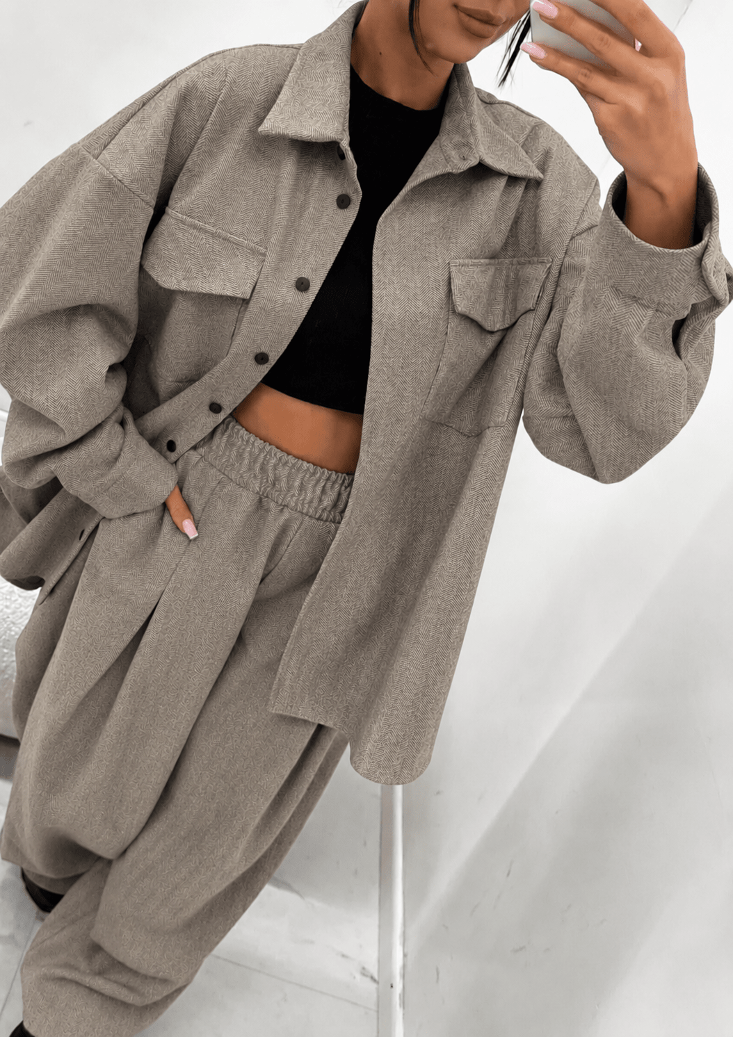 Koszula w jodełkę beżowa 35% bawełna EMO - Veretti Boutique