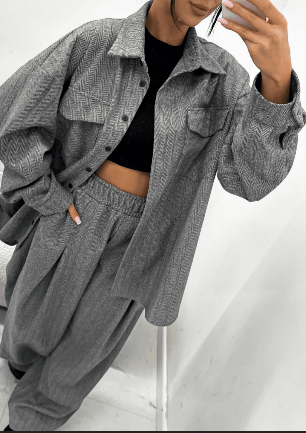 Koszula w jodełkę szara 35% bawełna EMO - Veretti Boutique