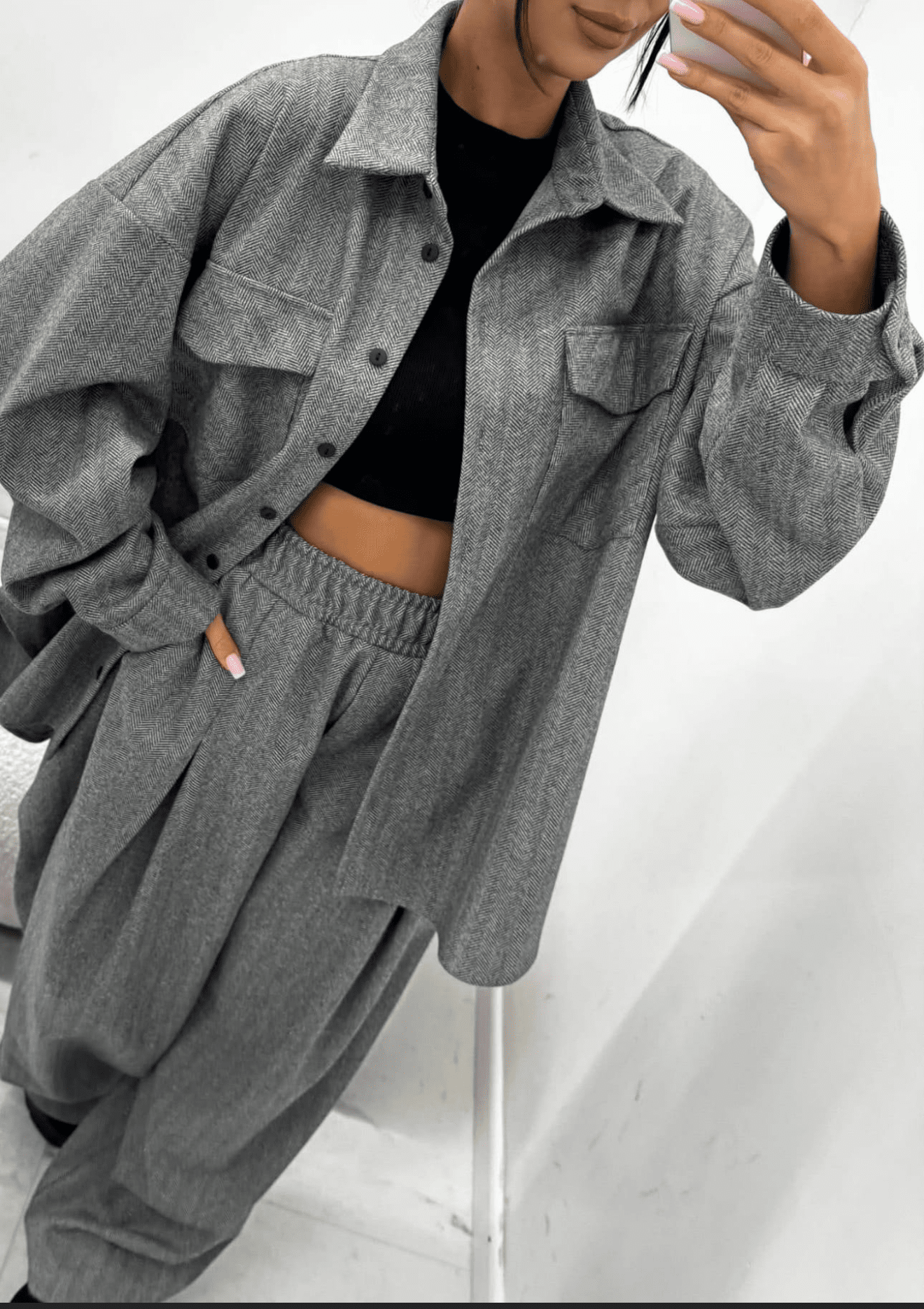 Koszula w jodełkę szara 35% bawełna EMO - Veretti Boutique