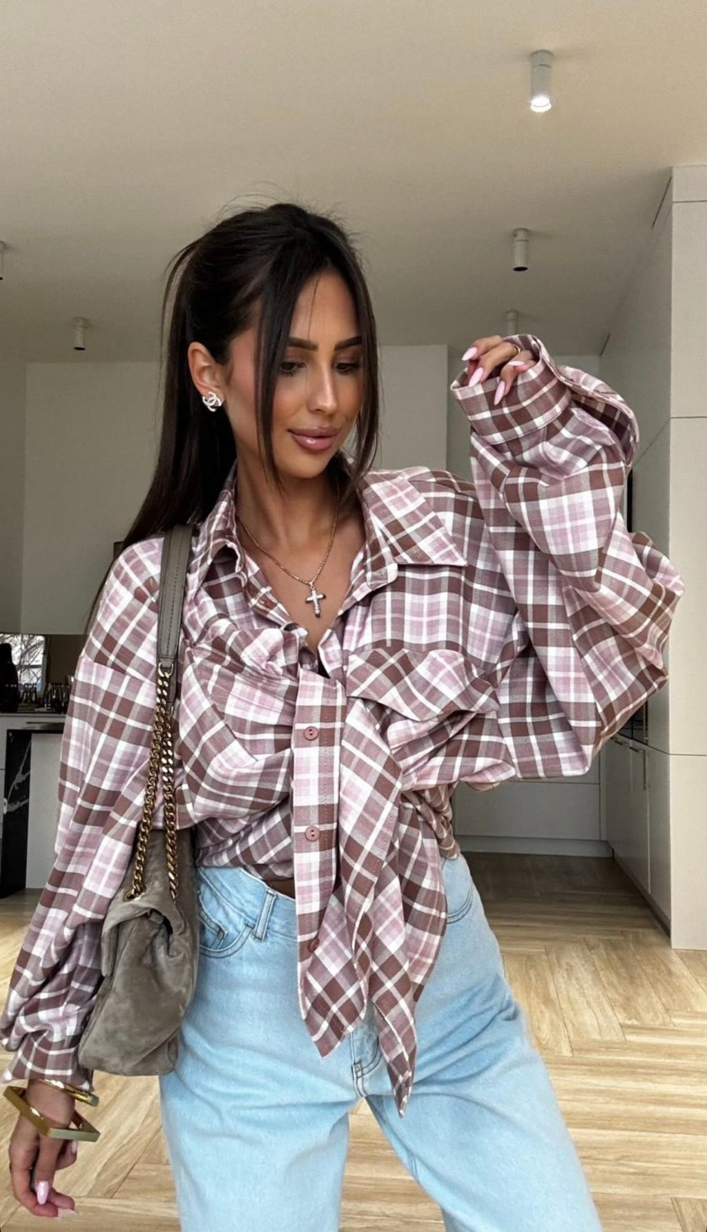 Koszula w kratę bordowo różowa EMO - Veretti Boutique