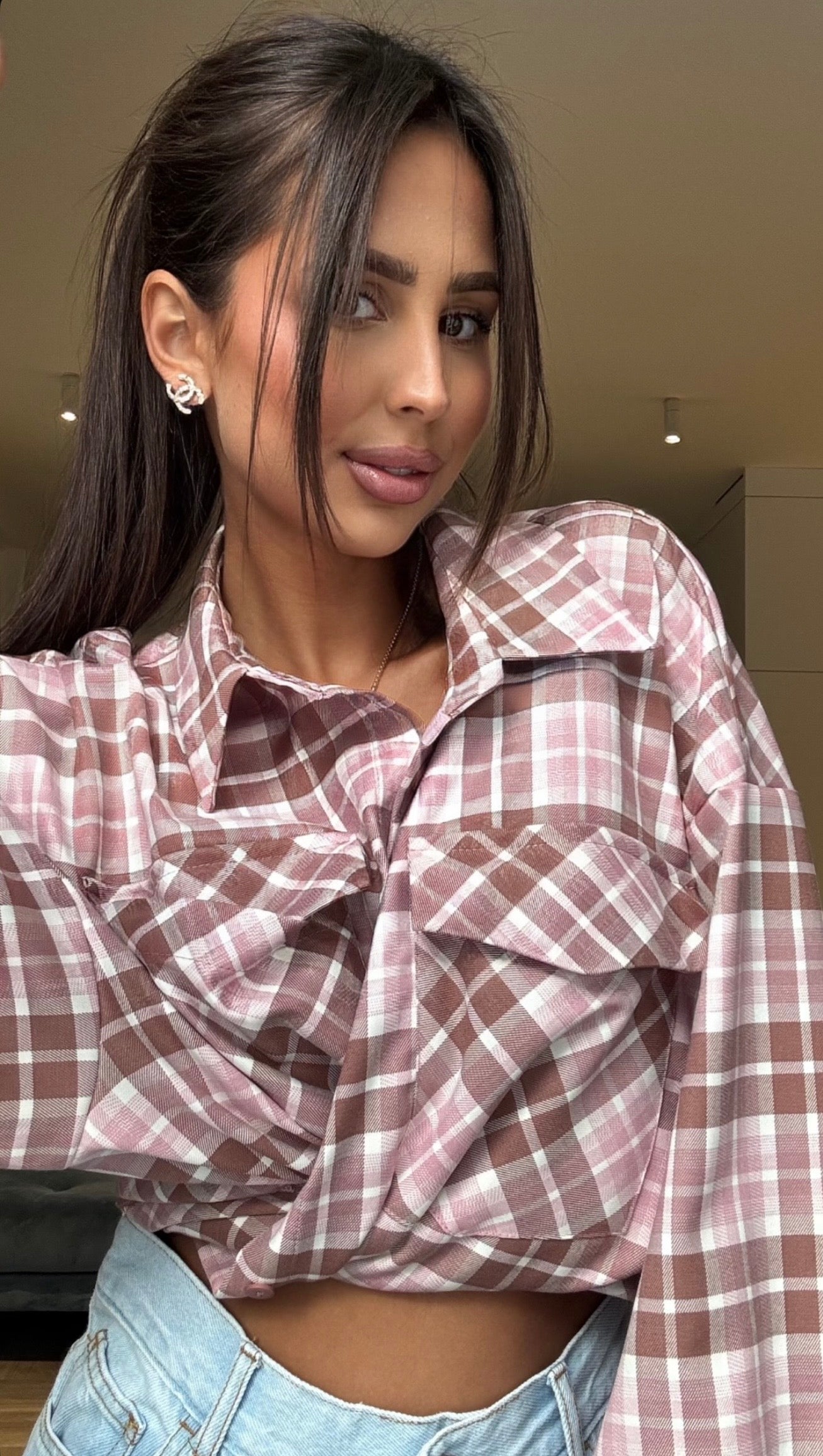 Koszula w kratę bordowo różowa EMO - Veretti Boutique