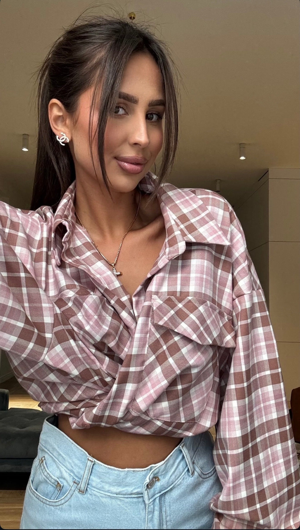 Koszula w kratę bordowo różowa EMO - Veretti Boutique