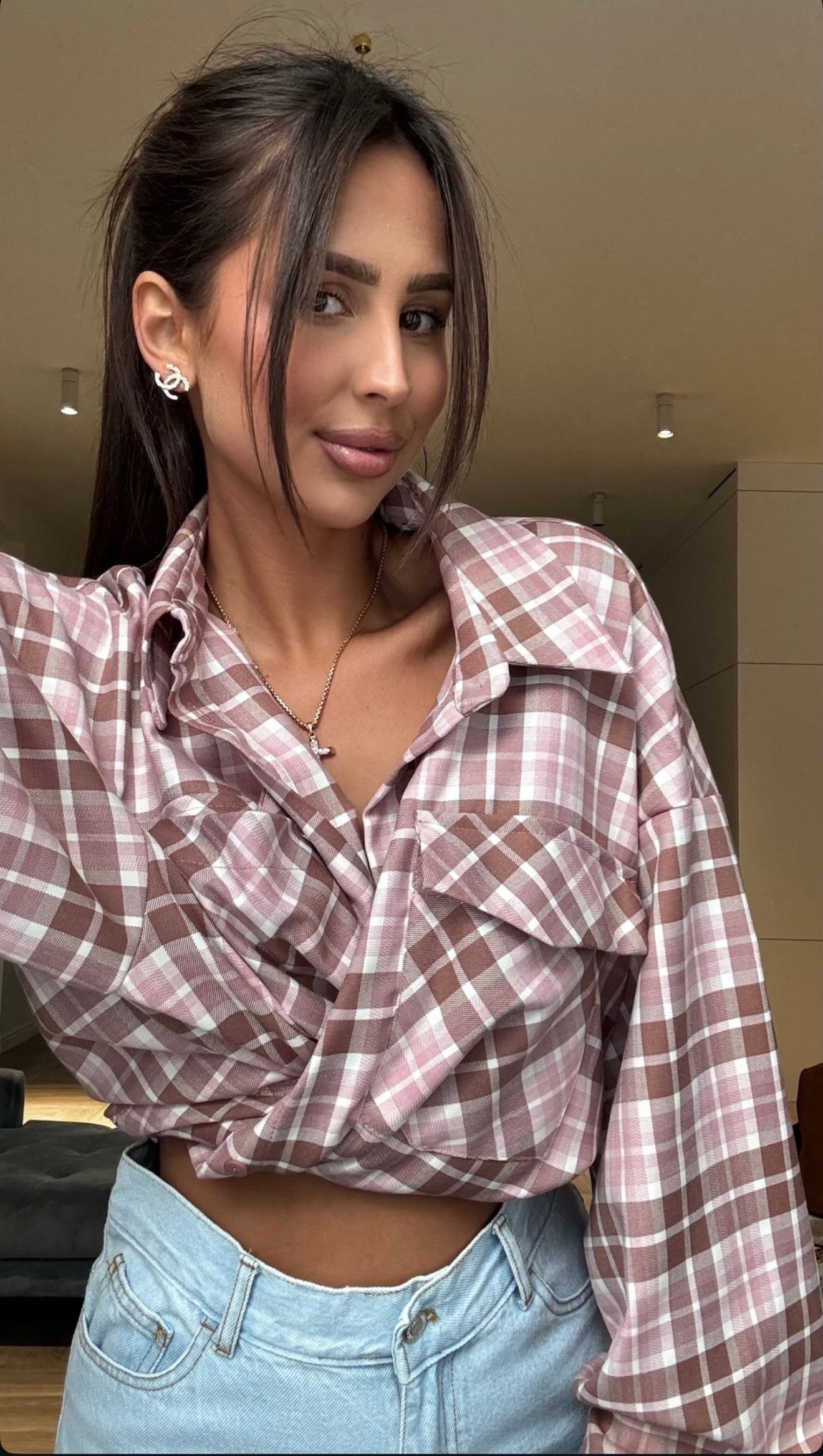 Koszula w kratę bordowo różowa EMO - Veretti Boutique