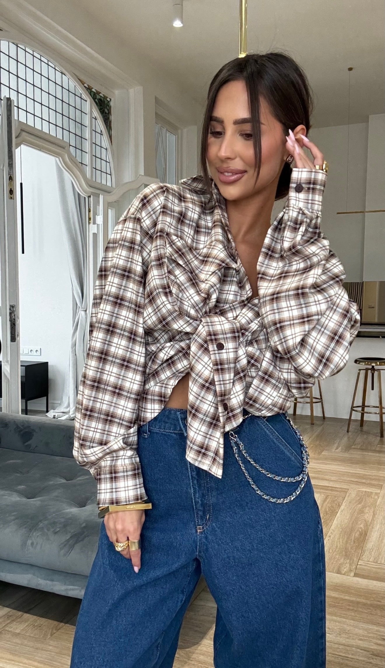 Koszula w kratę brązowo kremowa EMO - Veretti Boutique