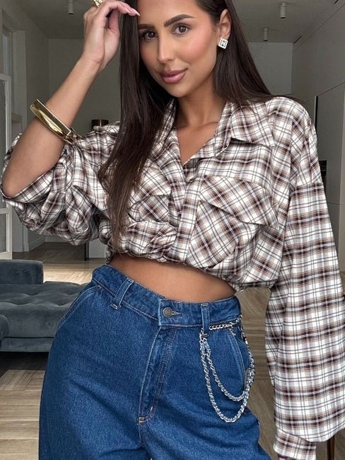 Koszula w kratę brązowo kremowa EMO - Veretti Boutique