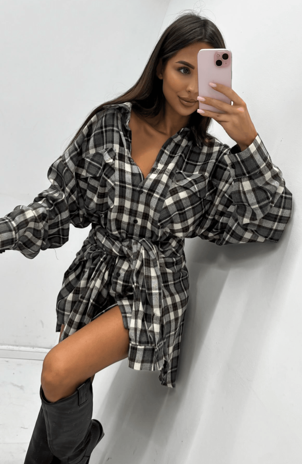 Koszula w kratę brązowo - niebieska 80% bawełna i 20% wiskoza EMO - Veretti Boutique