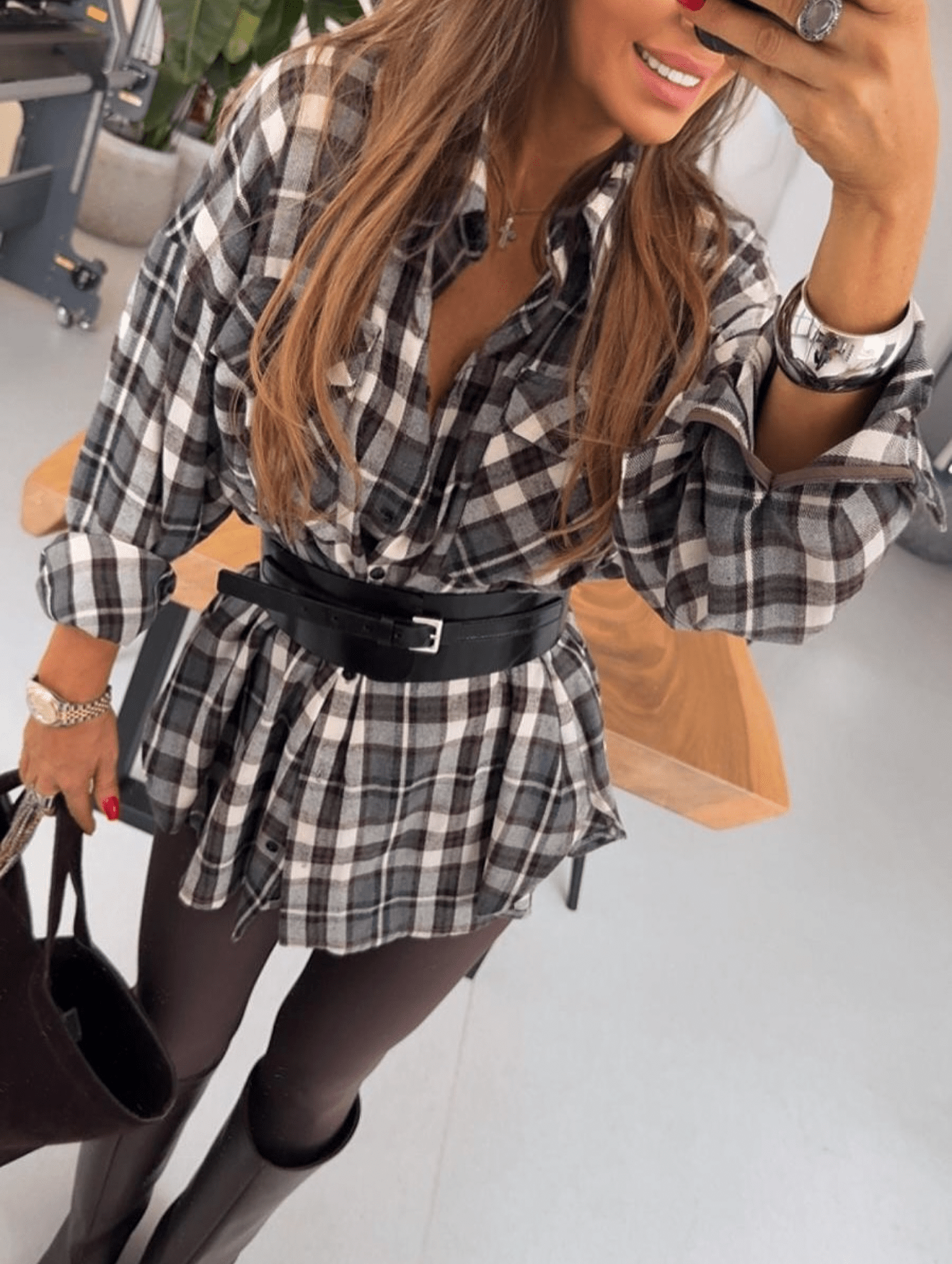 Koszula w kratę brązowo - niebieska 80% bawełna i 20% wiskoza EMO - Veretti Boutique