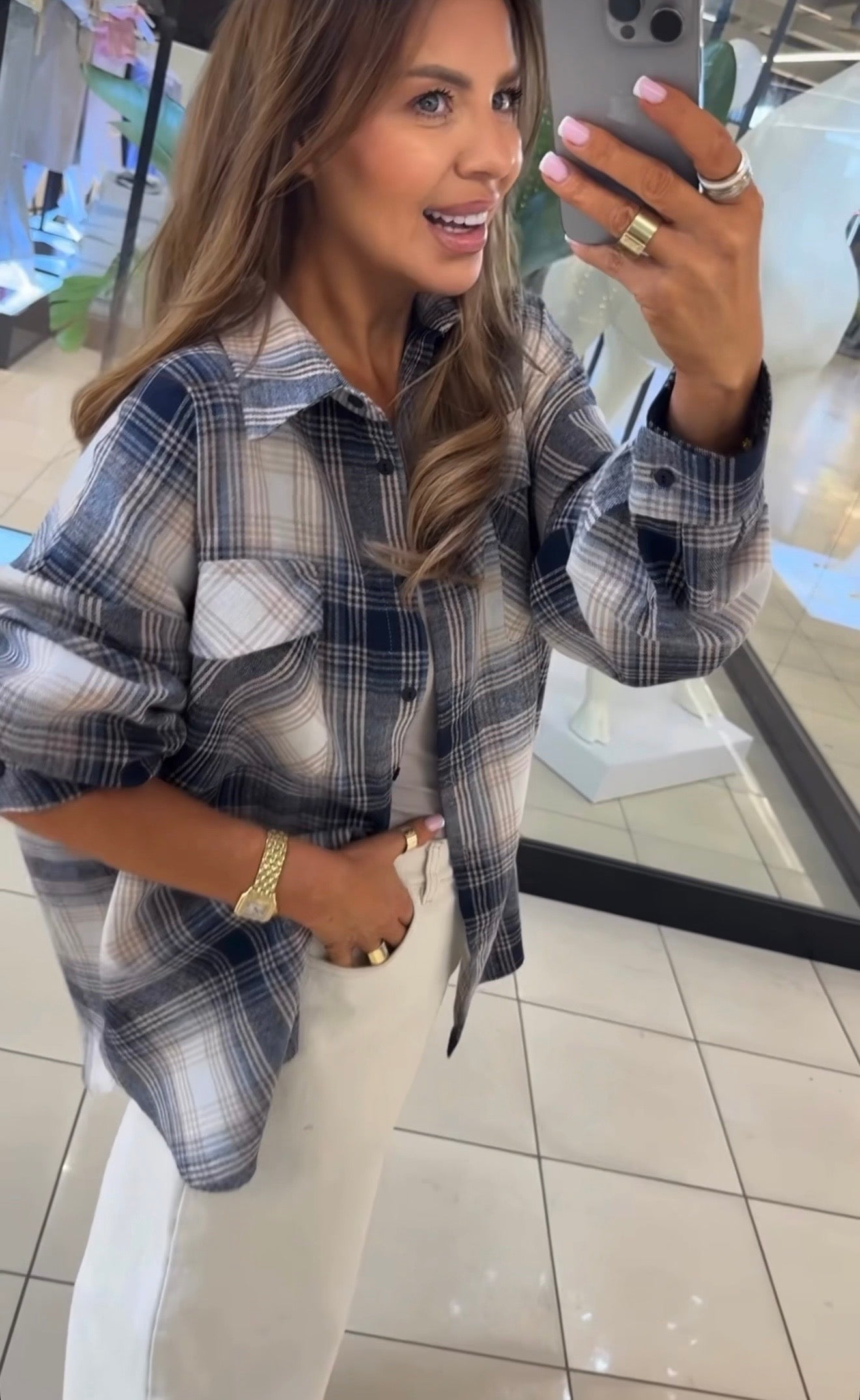 Koszula w kratę granatowo beżowa EMO - Veretti Boutique