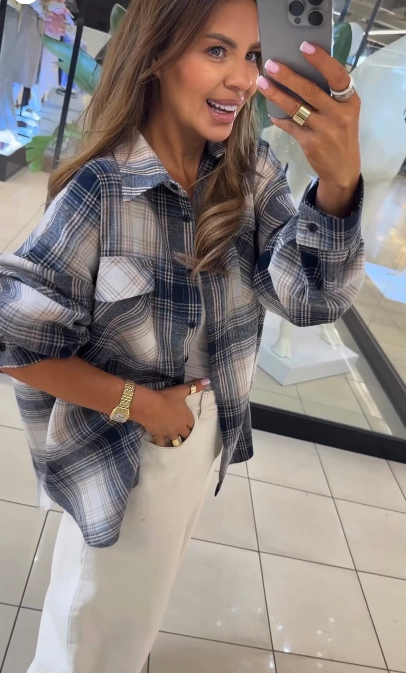 Koszula w kratę granatowo beżowa EMO - Veretti Boutique