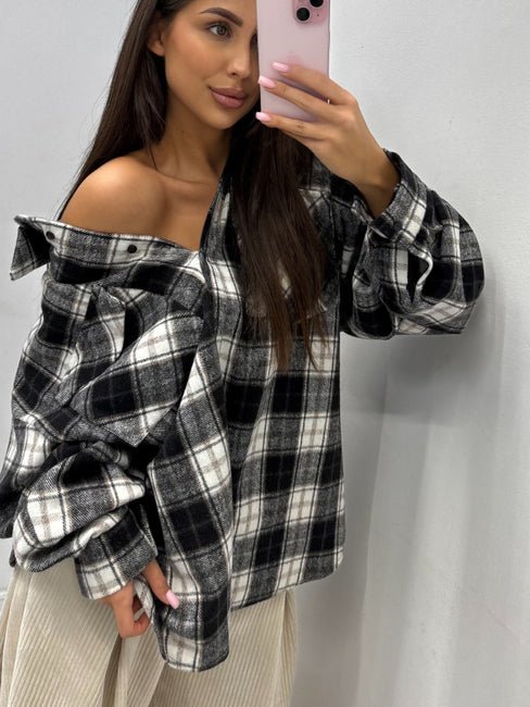 Koszula w kratę grubsza flanela czarno - biała 30% wiskoza i 5% bawełna EMO - Veretti Boutique