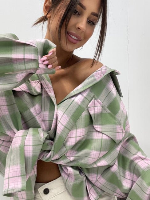 Koszula w kratę zielono różowa EMO - Veretti Boutique