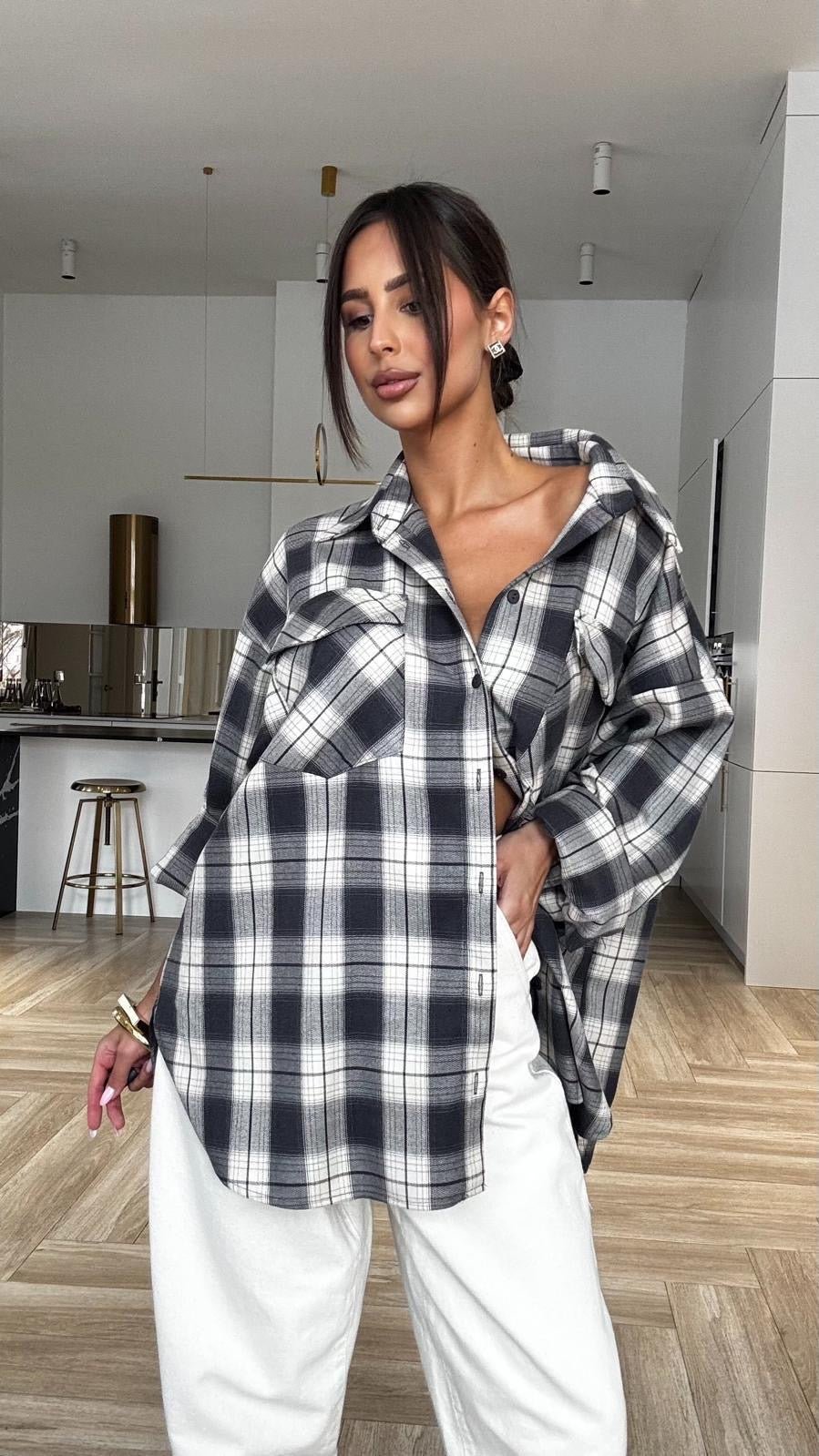 Koszula w kratkę grafitowo marcepanowa EMO - Veretti Boutique