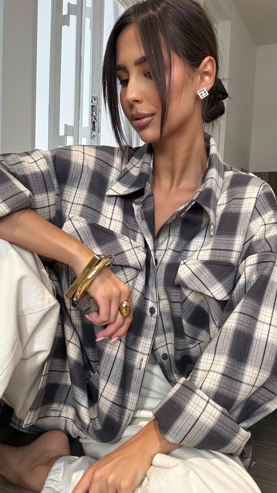 Koszula w kratkę grafitowo marcepanowa EMO - Veretti Boutique