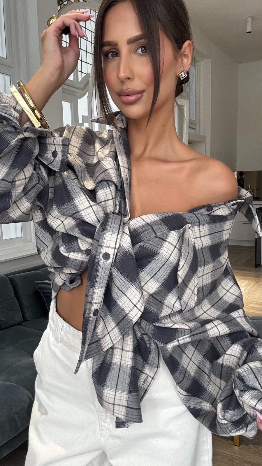 Koszula w kratkę grafitowo marcepanowa EMO - Veretti Boutique