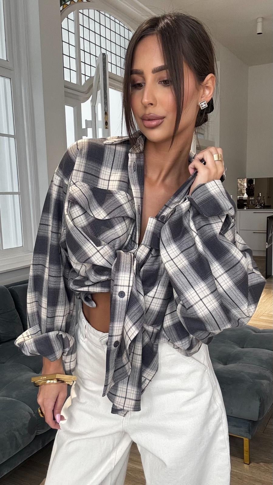 Koszula w kratkę grafitowo marcepanowa EMO - Veretti Boutique