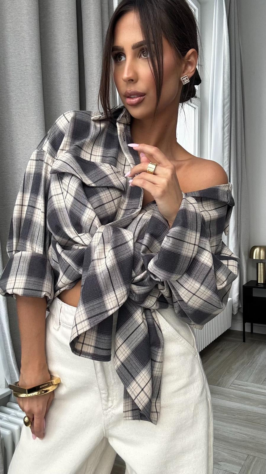 Koszula w kratkę grafitowo marcepanowa EMO - Veretti Boutique