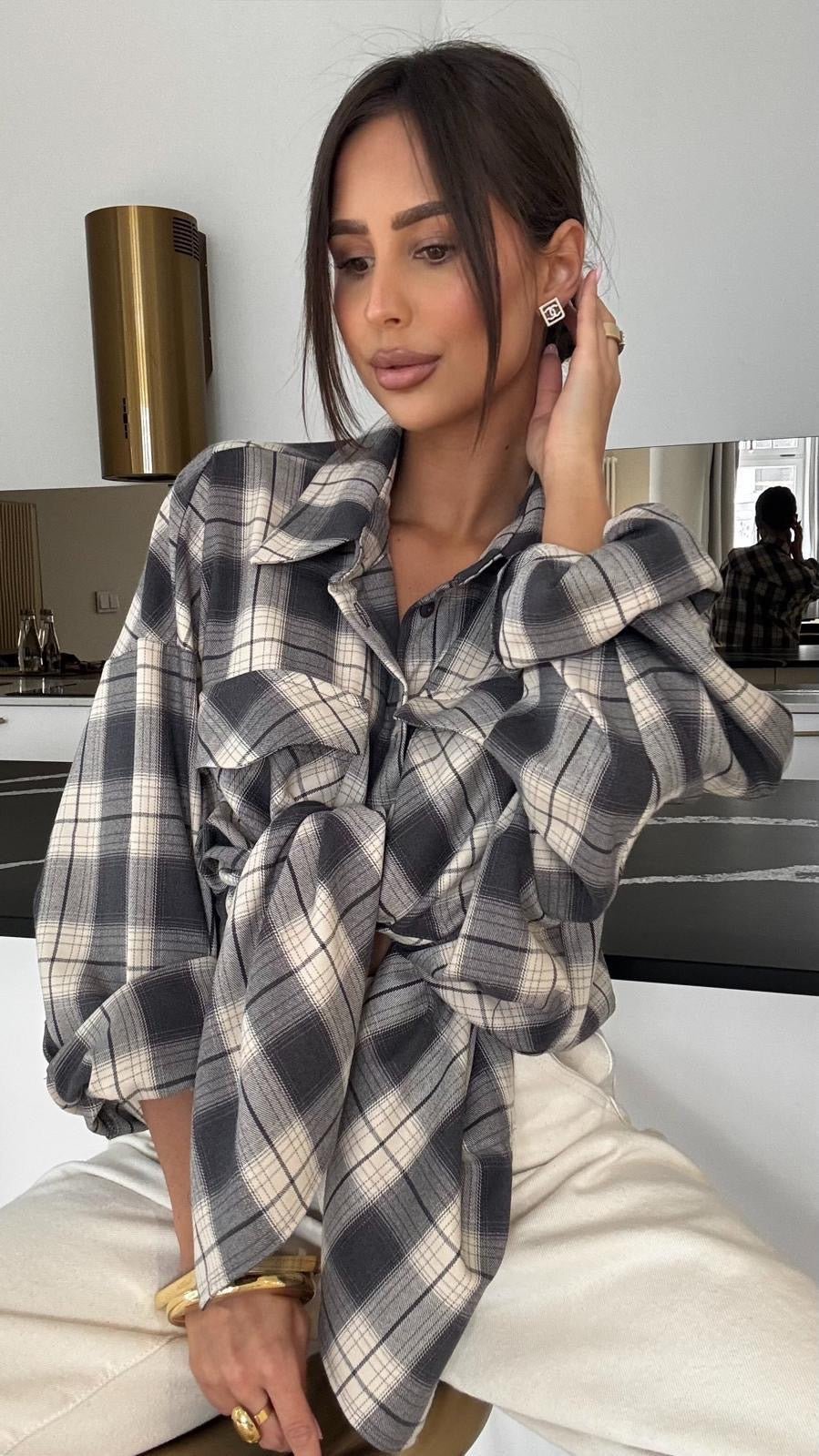 Koszula w kratkę grafitowo marcepanowa EMO - Veretti Boutique