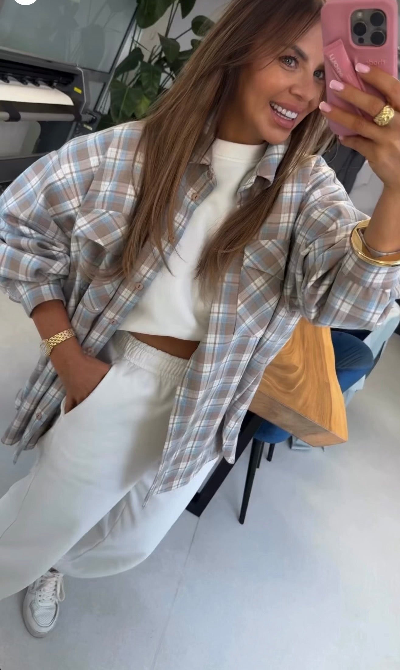 Koszula w kratkę niebiało beżowa EMO - Veretti Boutique