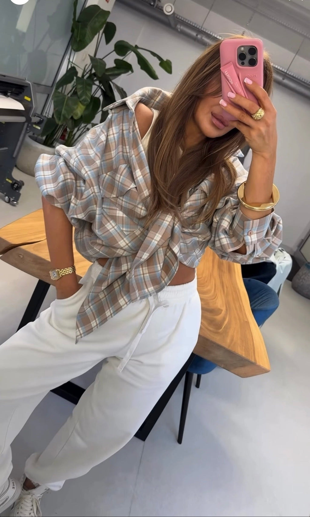 Koszula w kratkę niebiało beżowa EMO - Veretti Boutique