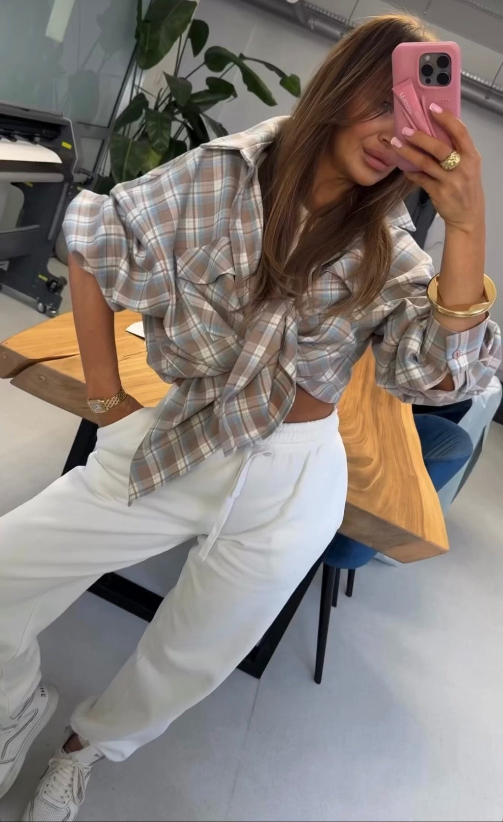 Koszula w kratkę niebiało beżowa EMO - Veretti Boutique