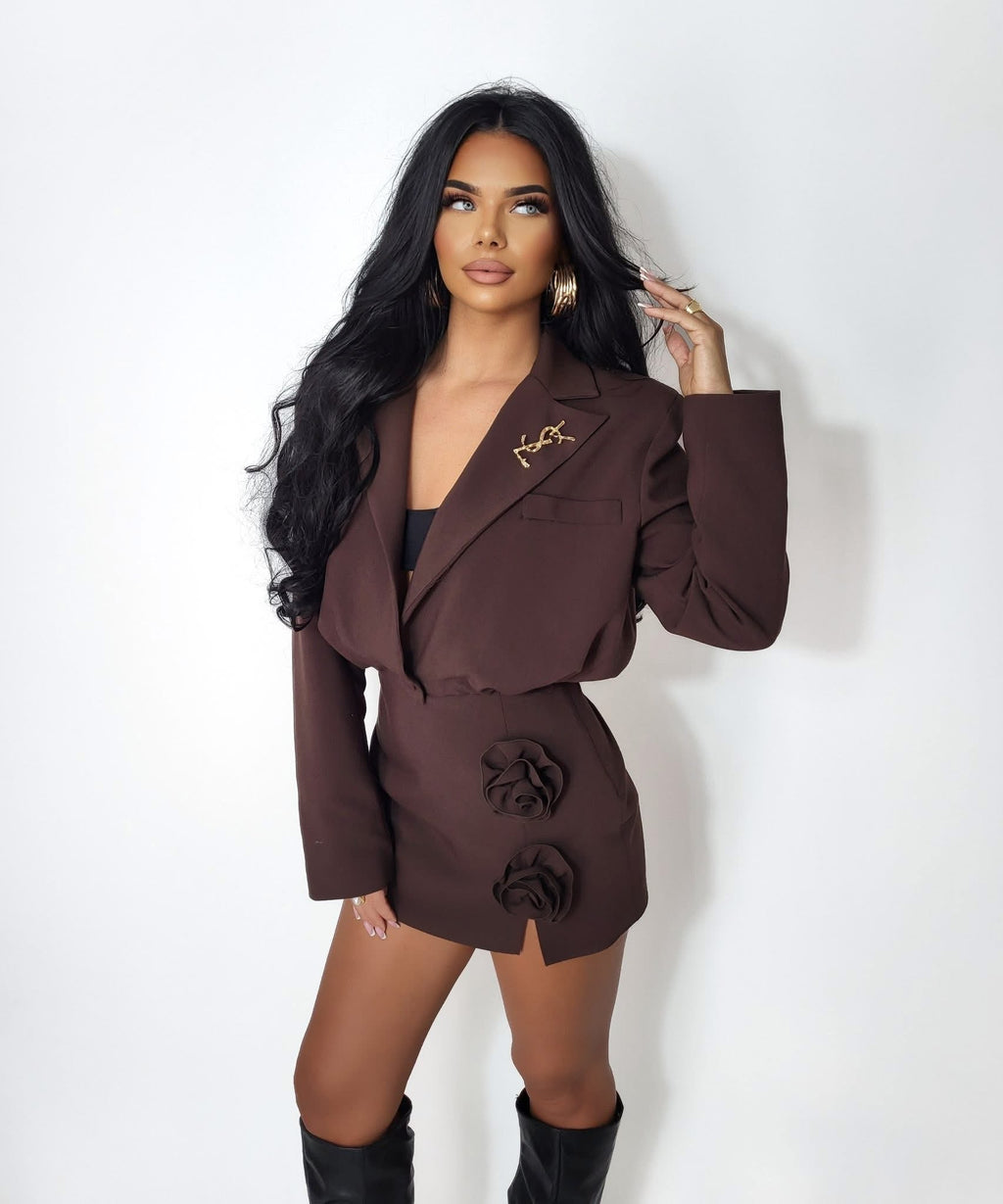 Spódniczko spodenki z różą 3D brązowe 95% wiskoza - Veretti Boutique