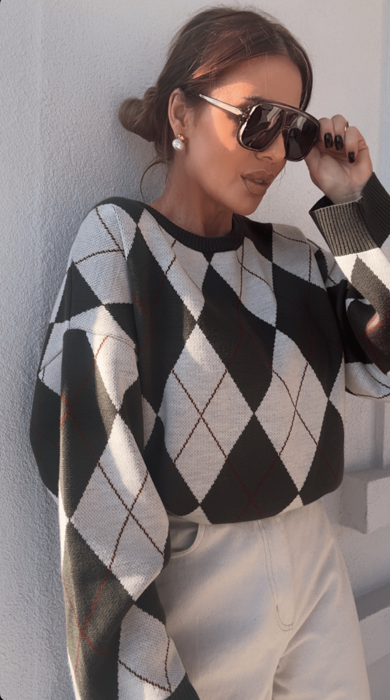 Sweter w romby 30% wełna 30% wiskoza 5% kaszmir khaki EMO - Veretti Boutique