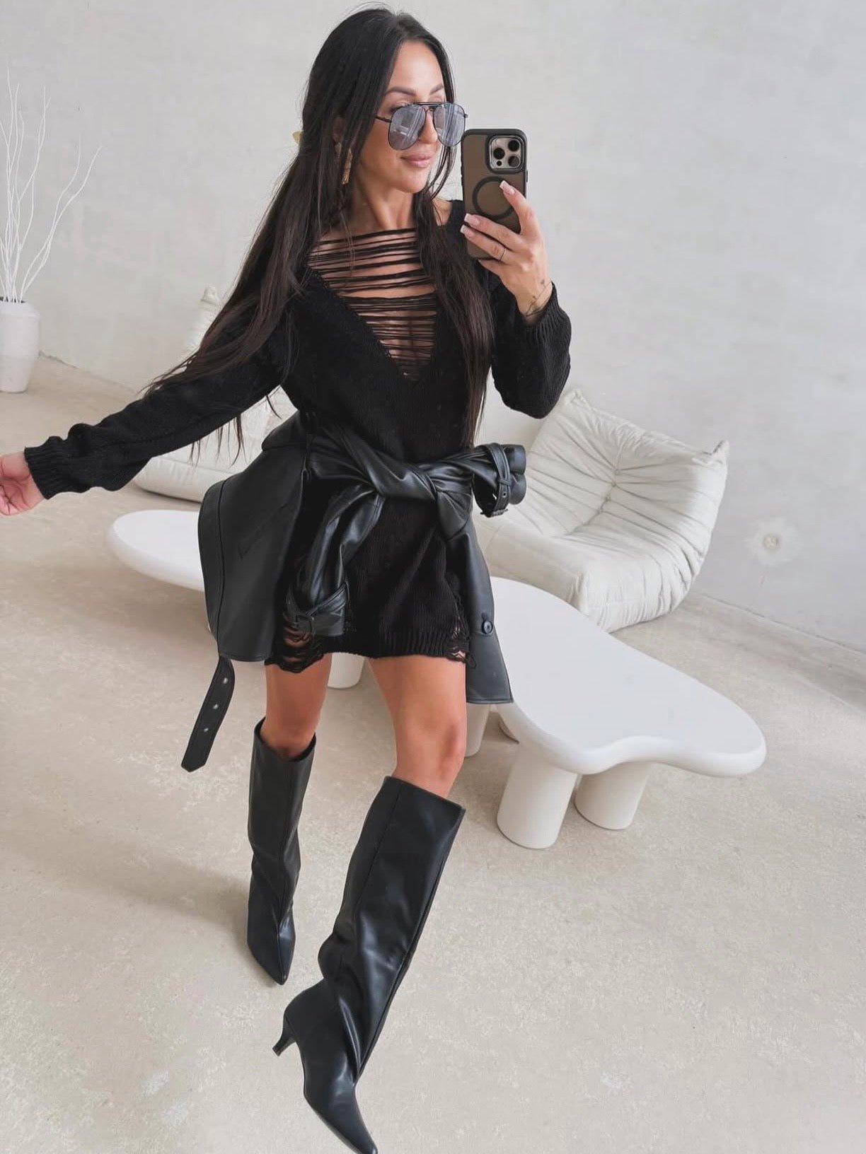 Sweterkowa sukienka/tunika Czarna 25% alpaka i 25% wełna - Veretti Boutique