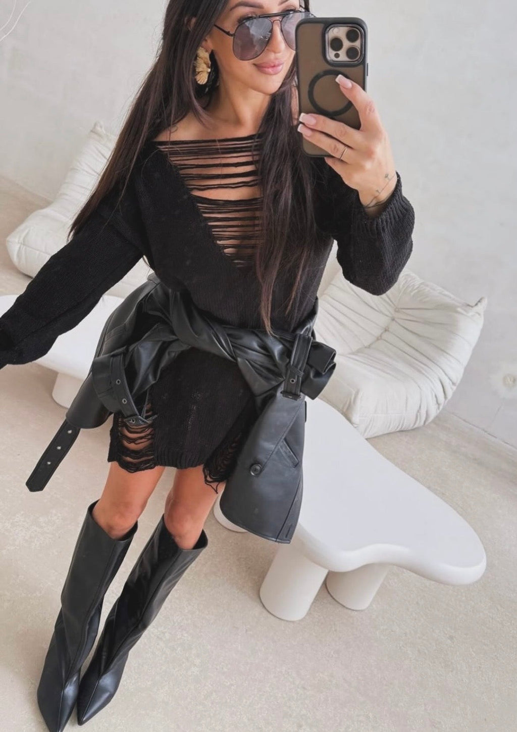 Sweterkowa sukienka/tunika Czarna 25% alpaka i 25% wełna - Veretti Boutique