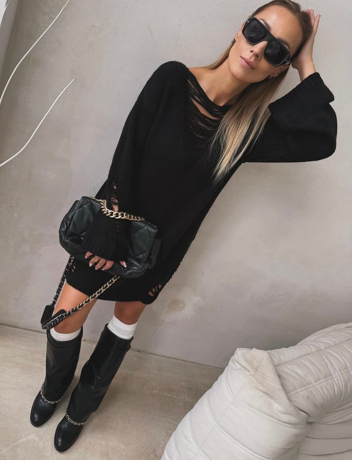 Sweterkowa sukienka/tunika Czarna 25% alpaka i 25% wełna - Veretti Boutique