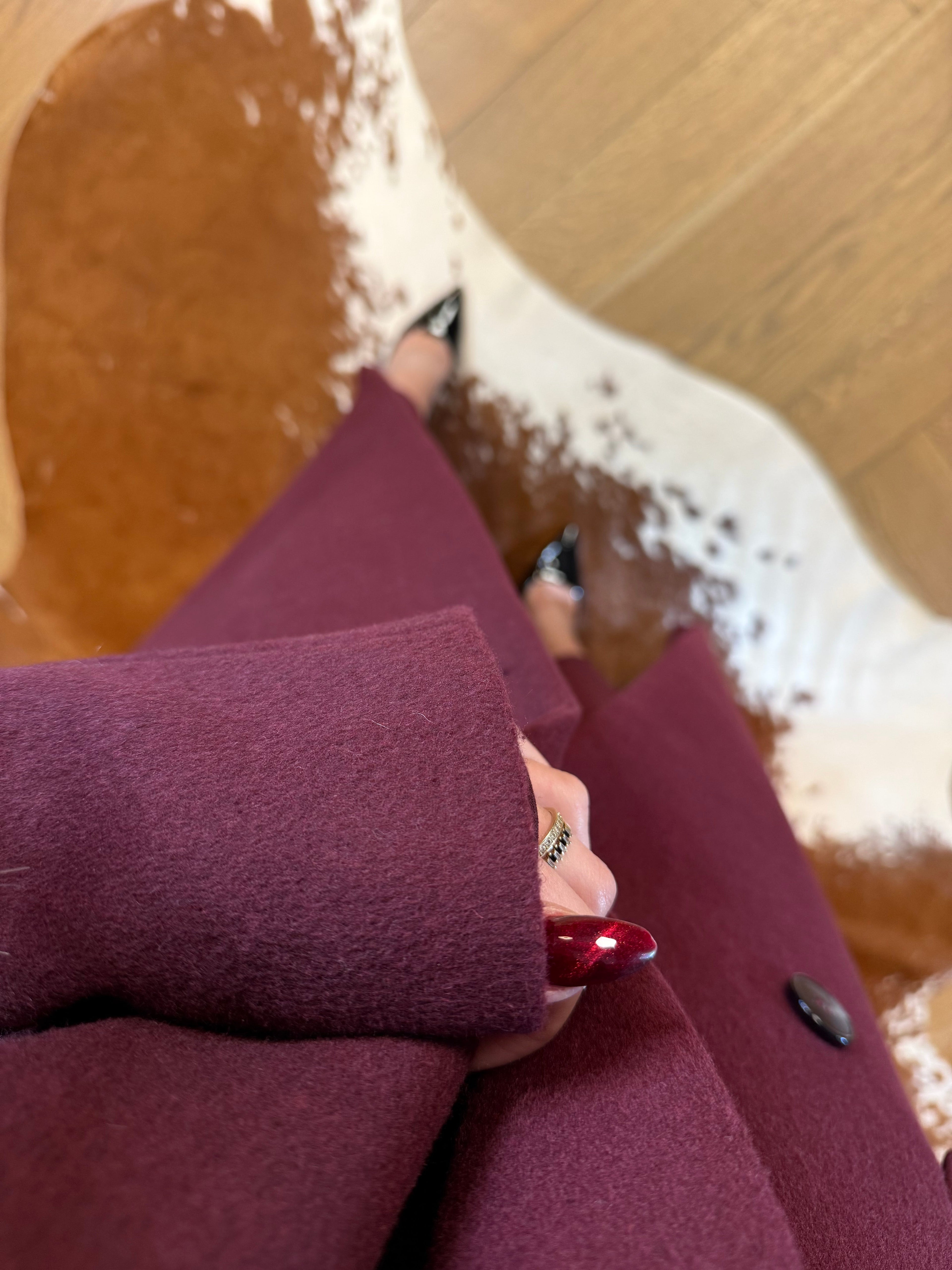 Wełniany płaszcz bordowy 40% wełna EMO - Veretti Boutique